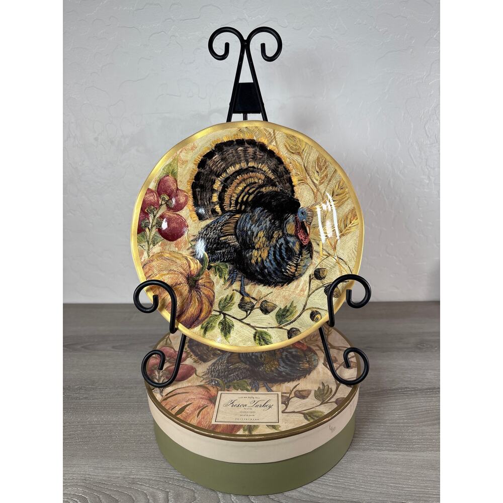 4 New Pottery Barn Fresco Turkey 8 3/4" Salad Plates Farmhouse Autumn Stoneware
